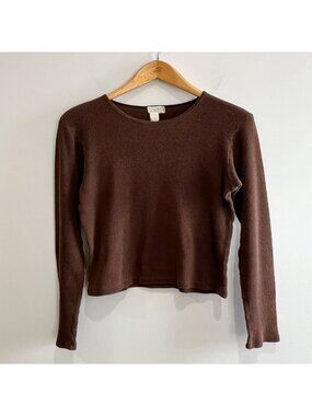 VTG  J.Crew Thermal Knit T-Shirt Womens L Brown Crop Top 100% Cottton 90s